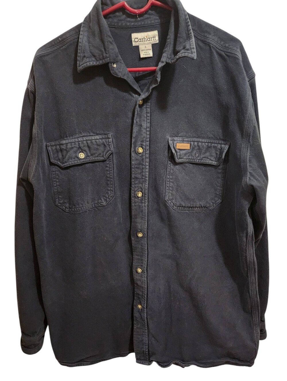 Men's Carhartt Navy Heavy Duty Button Up Long Sleeve Shirt Cotton Size Large